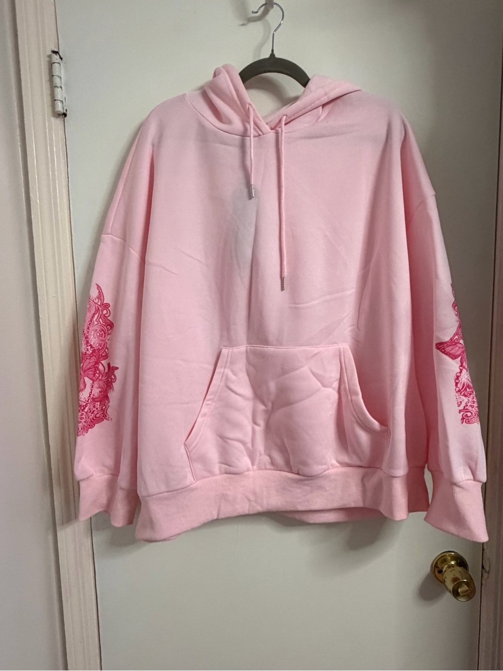 Pink Graphic Butterfly Sleeve Hoodie - Women's Oversized Pullover